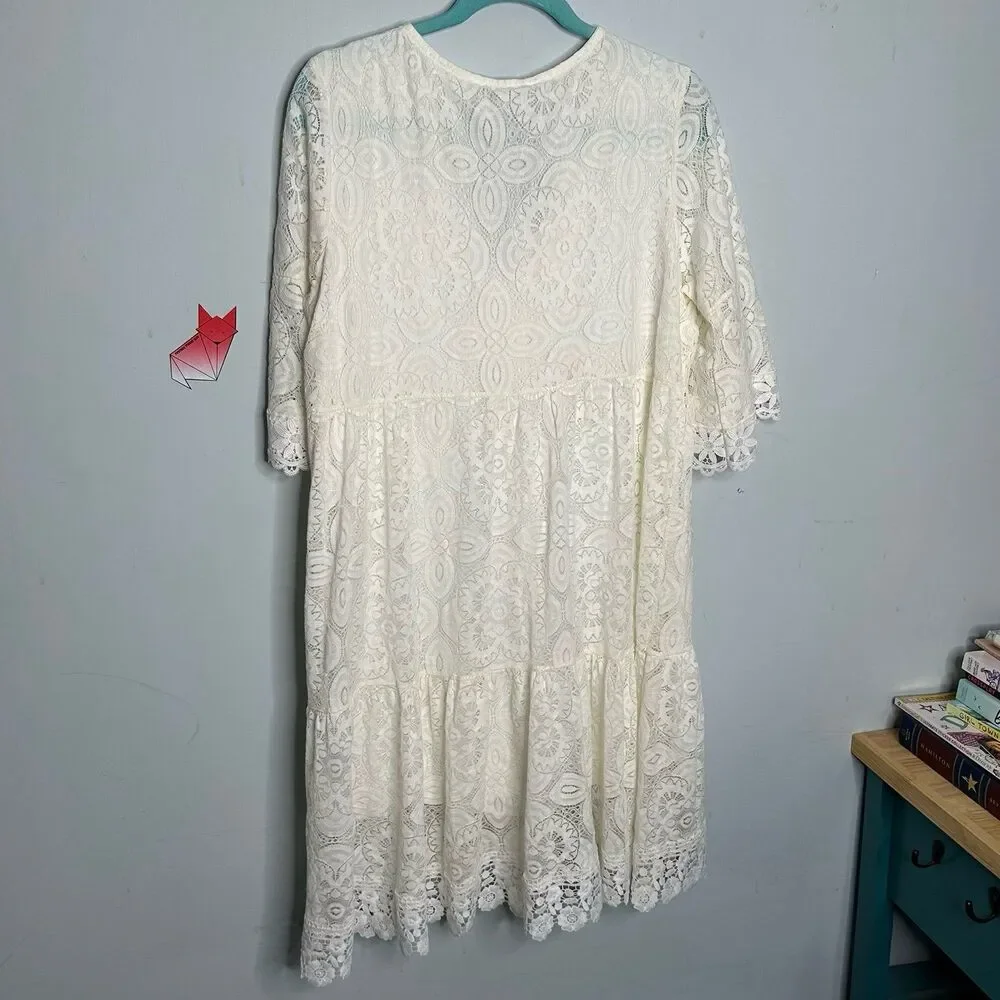 Tempo Paris Ivory Lace Dress Gold Sequin Embellishment with Sleeves Size XL NWT - Picture 2 of 10